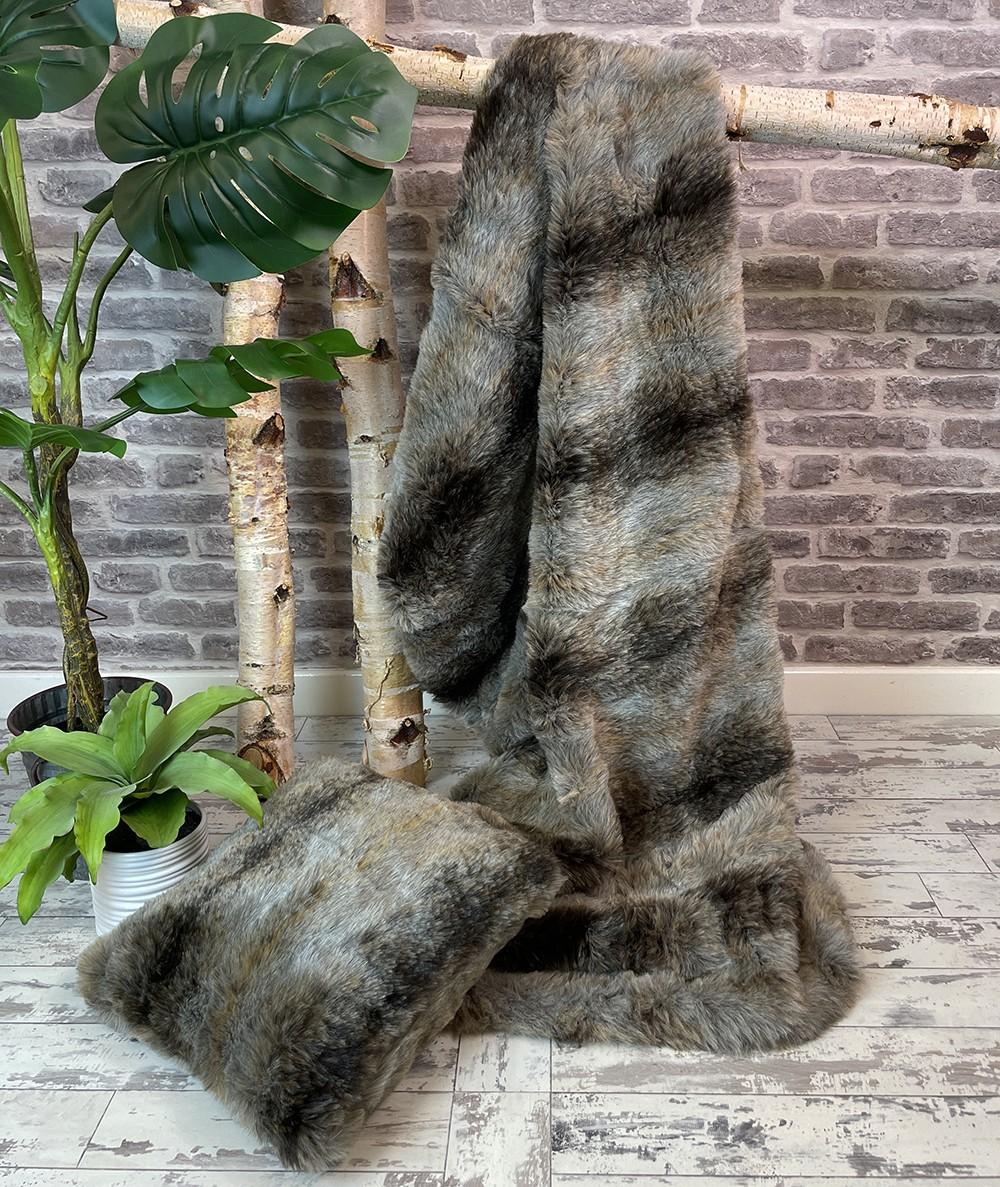 Ashford grey brown faux fur throw and cushion