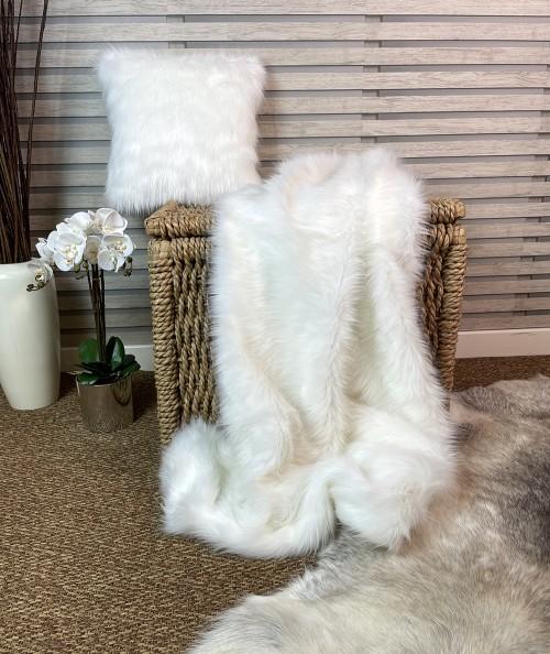 Long haired, plain faux fur throw and cushion