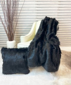 Luxury long haired plain black faux fur throw with matching cushion