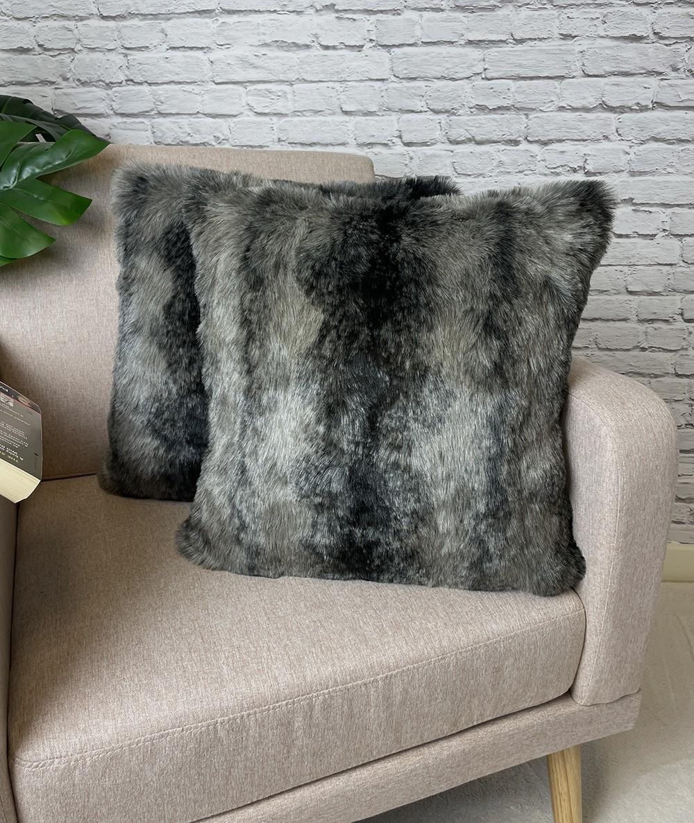 Grey and black striped faux fur cushion cover