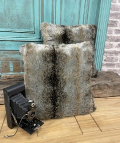 Grey and brown striped faux fur cushion covers