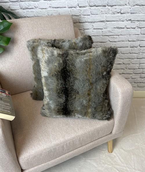 Grey and brown patterned fur cushion