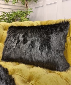 Long length shiny black faux fur cushion