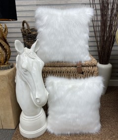 Off white long haired faux fur cushions