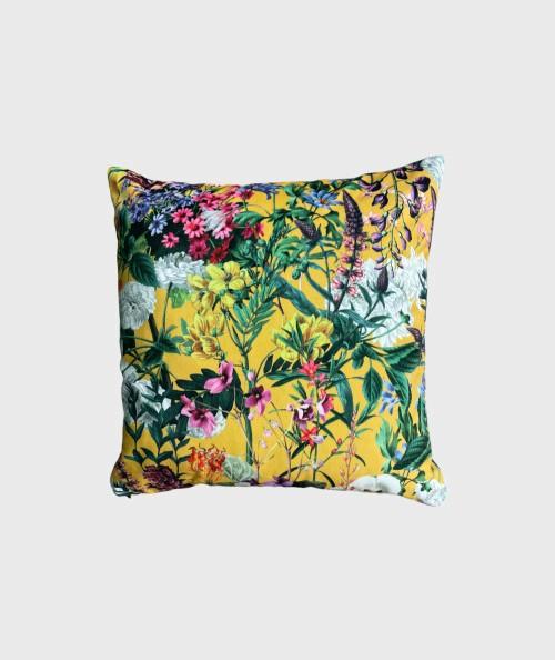 Vibrant yellow floral printed cushion