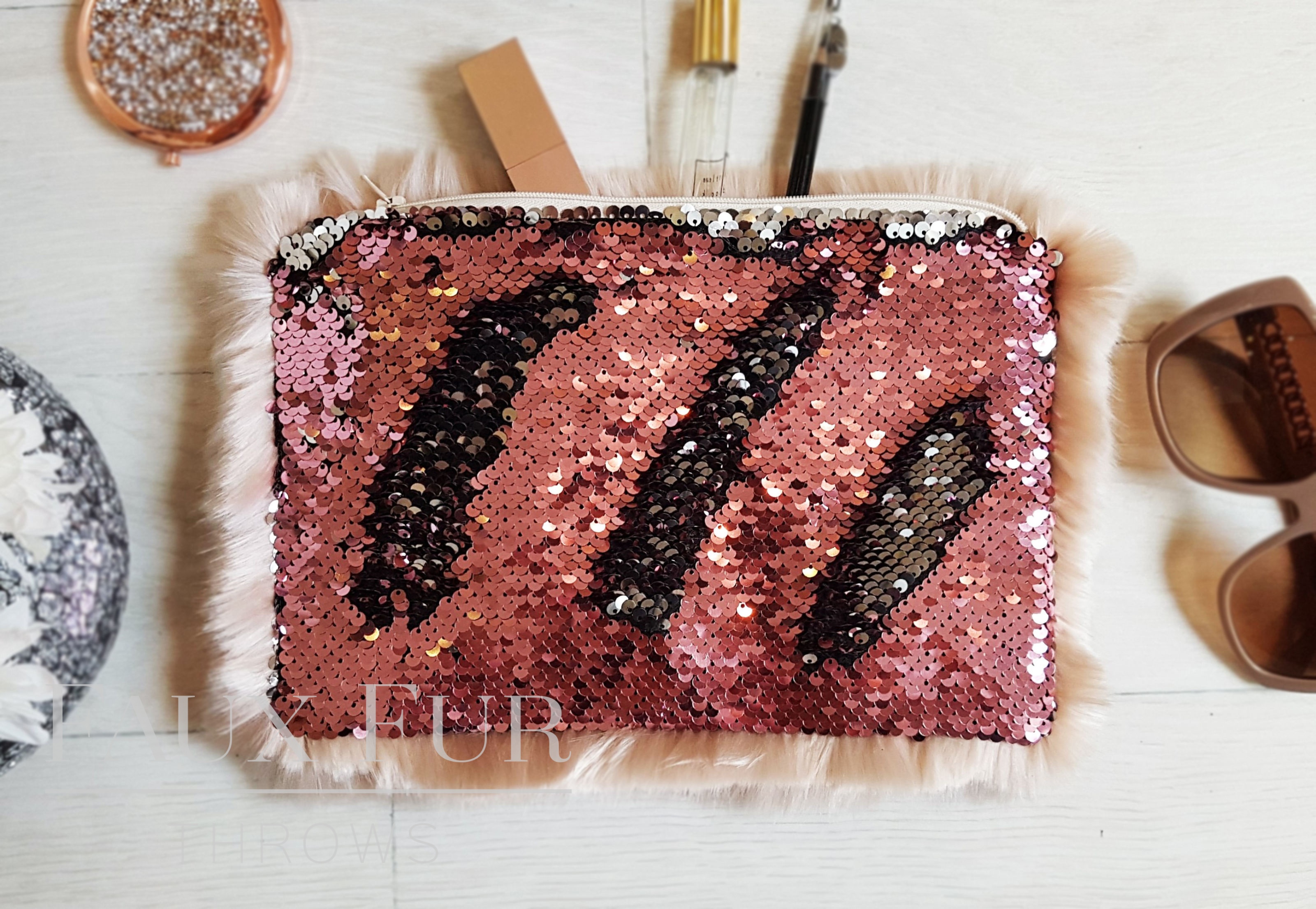 Blush and Silver Faux Fur and Sequin Clutch Bag
